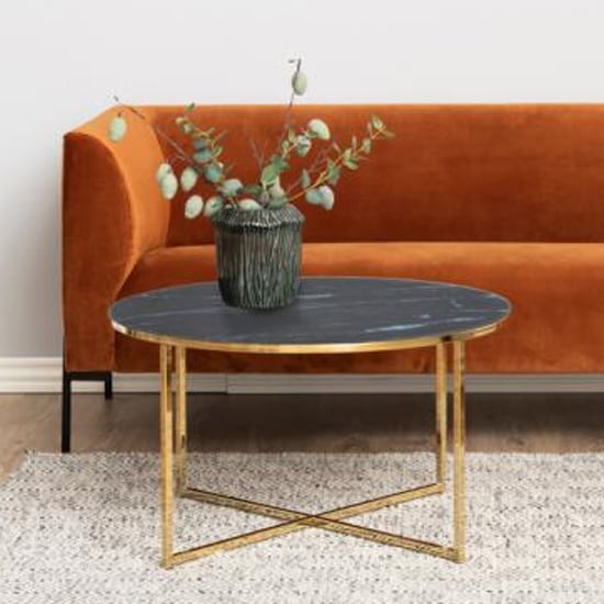 Arcata Black Marble Glass Coffee Table Round With Gold Frame