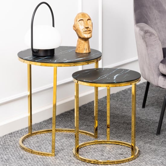 Product photograph of Arcata Black Marble Glass Nest Of 2 Table Round With Gold Frame from Furniture in Fashion