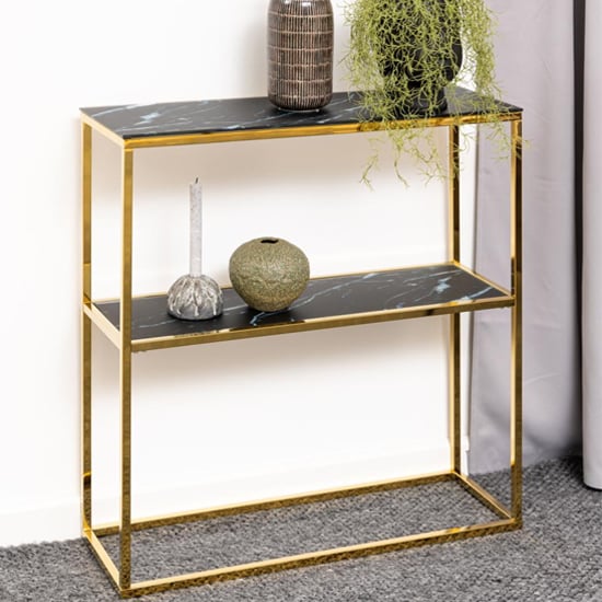 Arcata Black Marble Glass Shelves Console Table With Gold Frame