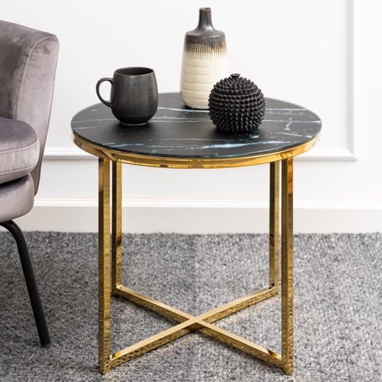 Arcata Black Marble Glass Side Table Round With Gold Frame