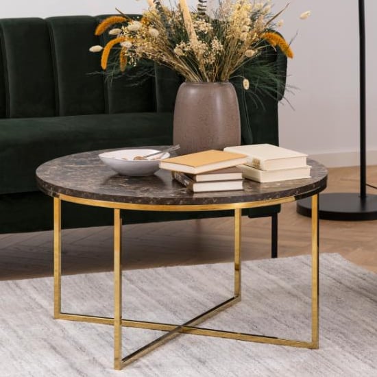 Product photograph of Arcata Brown Marble Glass Coffee Table Round With Gold Frame from Furniture in Fashion