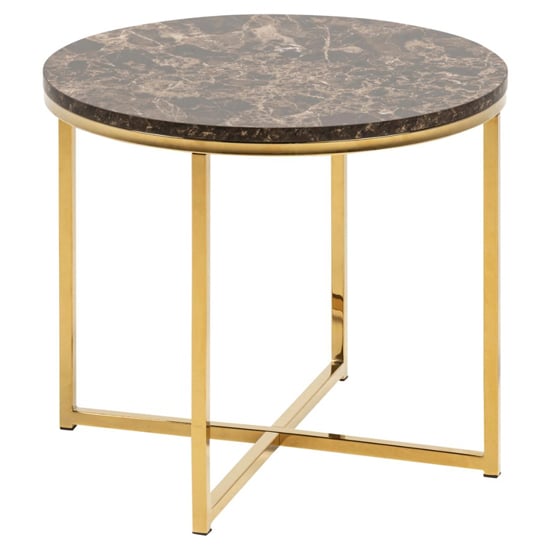 Arcata Brown Marble Glass Side Table Round With Gold Frame
