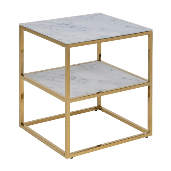 Product photograph of Arcata Clear Glass Bedside Table In White Marble Effect from Furniture in Fashion
