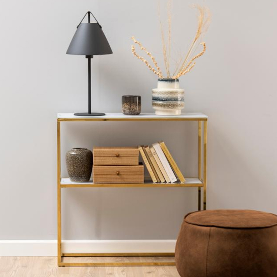 Read more about Arcata clear marble effect glass shelves console table in white