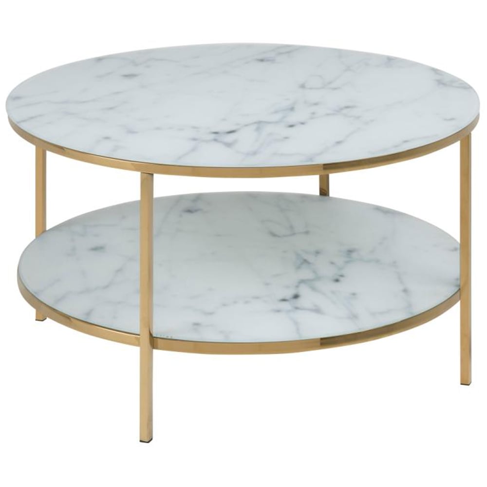 Arcata Glass Round Coffee Table With Shelf In White Marble Effect