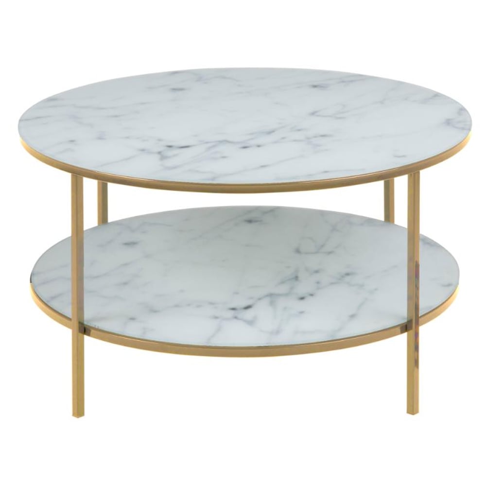 Arcata Glass Round Coffee Table With Shelf In White Marble Effect