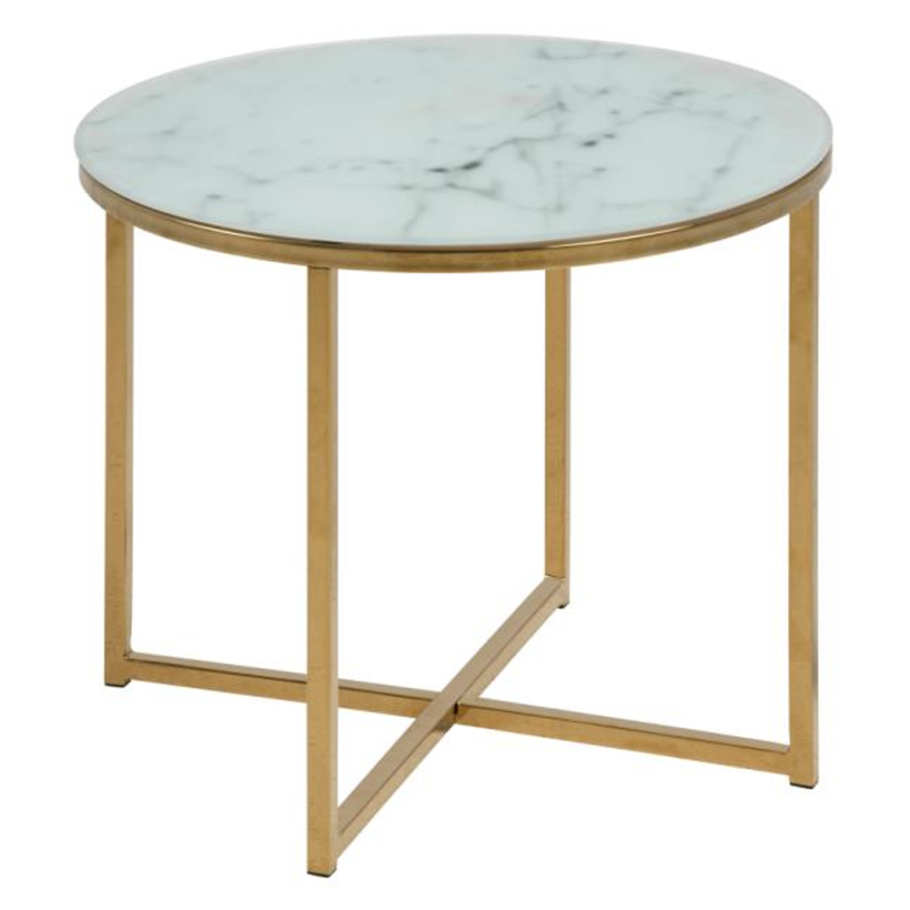 Arcata Glass Round Side Table In White Marble Effect