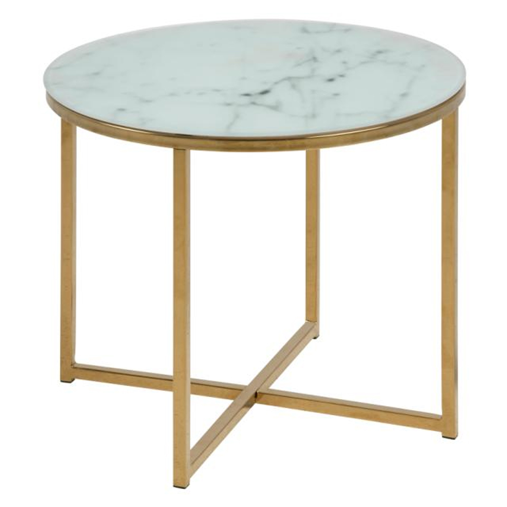 Arcata Glass Round Side Table In White Marble Effect