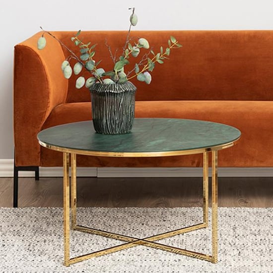 Product photograph of Arcata Green Marble Glass Coffee Table Round With Gold Frame from Furniture in Fashion
