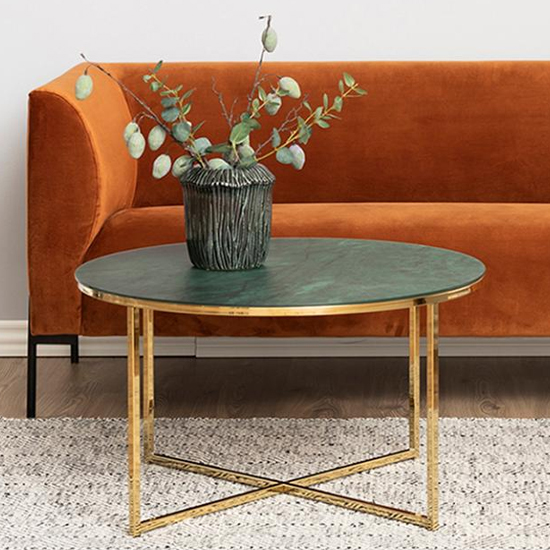 Arcata Green Marble Glass Coffee Table Round With Gold Frame