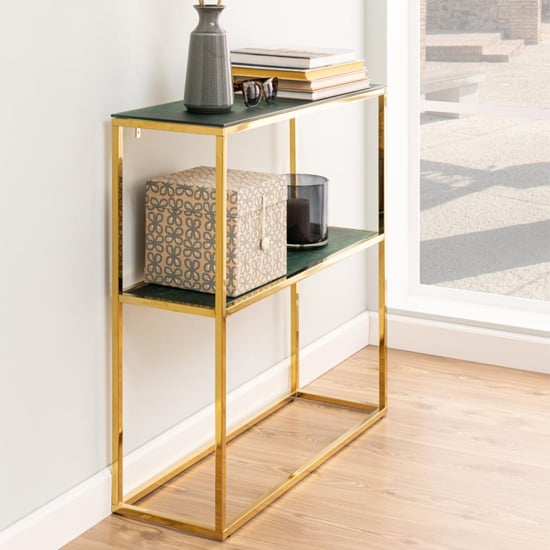 Product photograph of Arcata Green Marble Glass Shelves Console Table With Gold Frame from Furniture in Fashion
