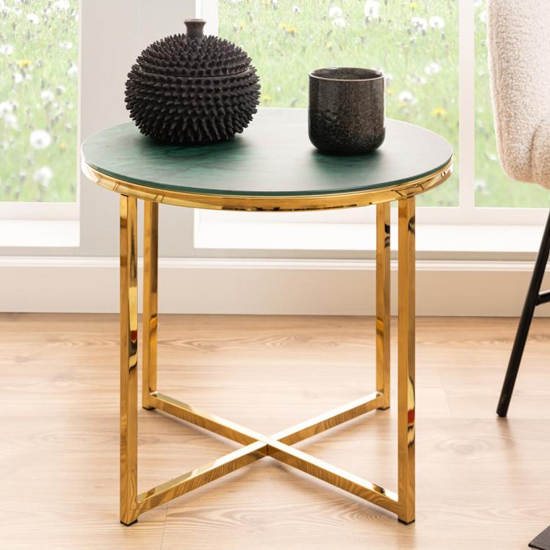 Product photograph of Arcata Green Marble Glass Side Table Round With Gold Frame from Furniture in Fashion