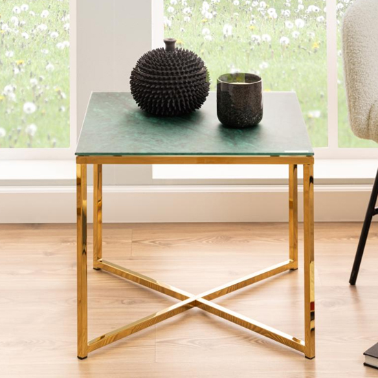 Product photograph of Arcata Green Marble Glass Side Table Square With Gold Frame from Furniture in Fashion