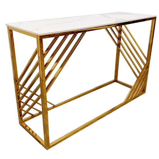 Arcata Polar White Sintered Top Console Table With Gold Frame_1