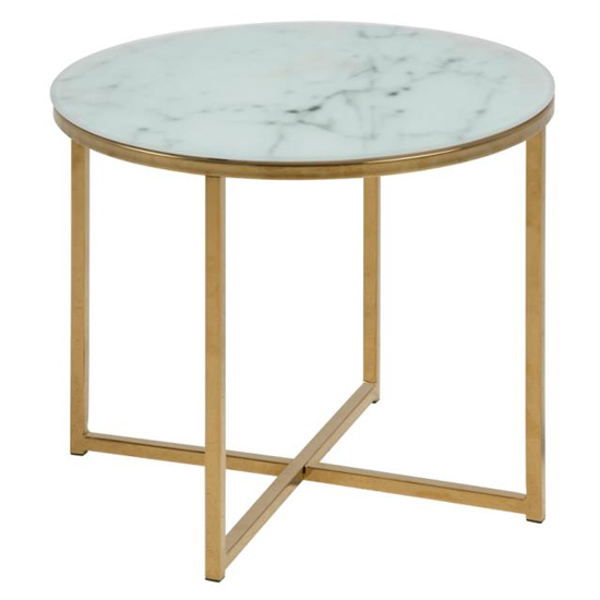 Product photograph of Arcata Round Marble Effect Glass Top Side Table In White from Furniture in Fashion