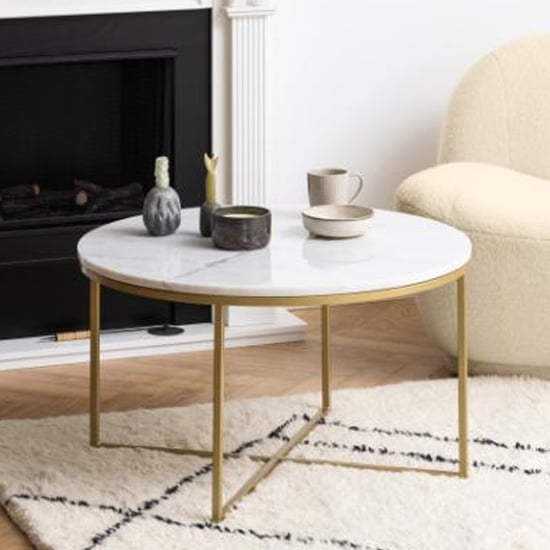 Product photograph of Arcata White Marble Coffee Table Round With Brass Frame from Furniture in Fashion