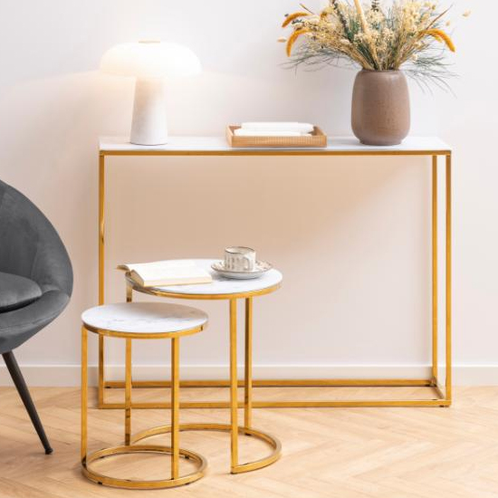 Arcata White Marble Console Table With Gold Frame