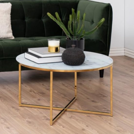 Read more about Arcata white marble effect glass coffee table with gold legs