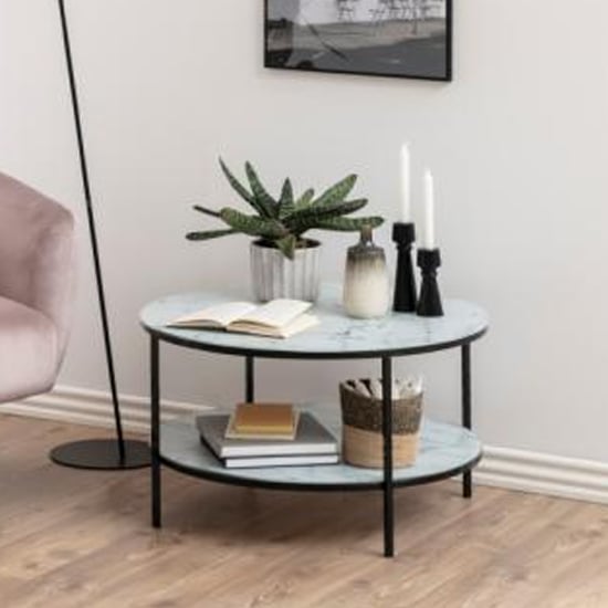 Photo of Arcata white marble glass coffee table with black steel frame