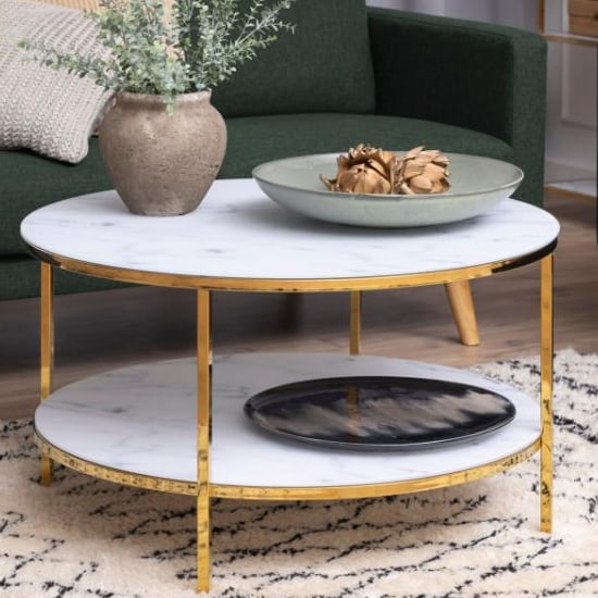 Read more about Arcata white marble glass coffee table with gold steel frame