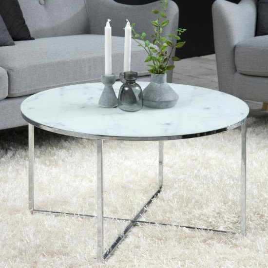 Arcata White Marble Glass Coffee Table Round With Chrome Frame thumbnail