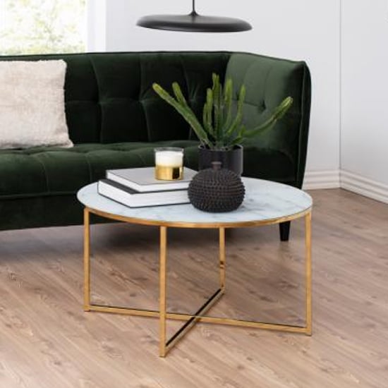 Product photograph of Arcata White Marble Glass Coffee Table Round With Gold Frame from Furniture in Fashion
