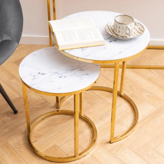 Arcata White Marble Glass Nest Of 2 Table Round With Gold Frame