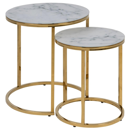 Arcata White Marble Glass Nest Of 2 Table Round With Gold Frame