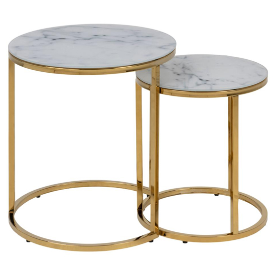 Arcata White Marble Glass Nest Of 2 Table Round With Gold Frame