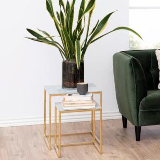 Product photograph of Arcata White Marble Glass Nest Of 2 Table Square With Gold Frame from Furniture in Fashion