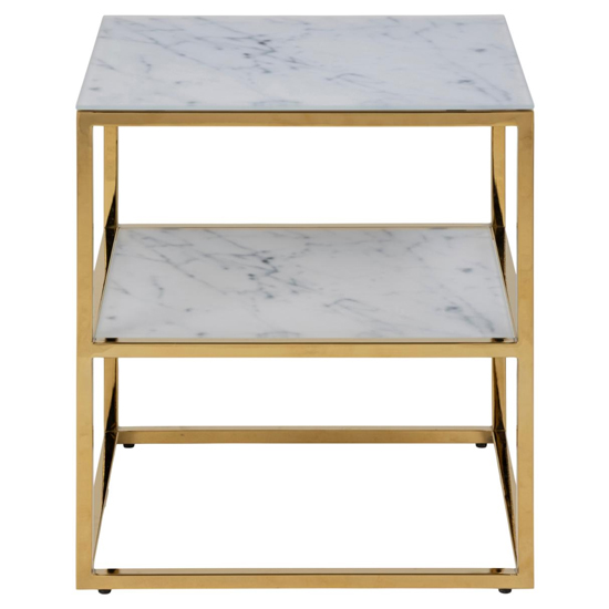 Arcata White Marble Glass Shelves Bedside Table With Gold Frame