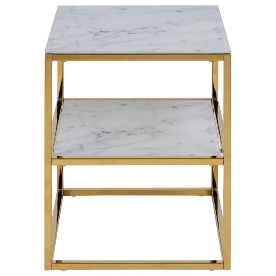 Arcata White Marble Glass Shelves Bedside Table With Gold Frame