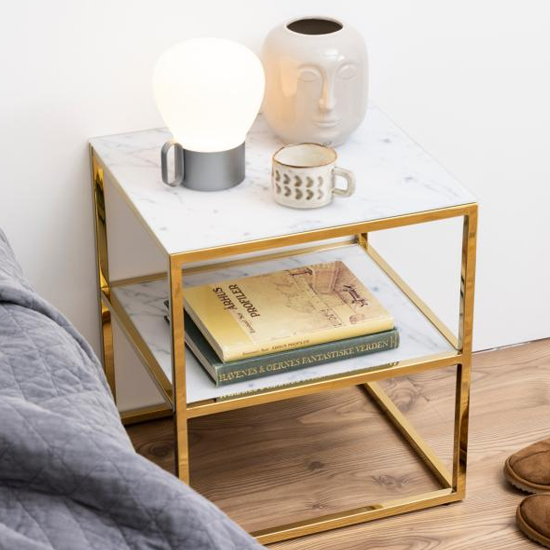 Arcata White Marble Glass Shelves Bedside Table With Gold Frame
