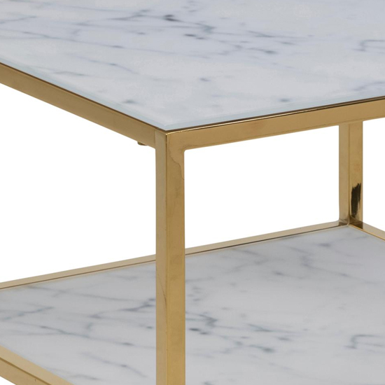 Arcata White Marble Glass Shelves Bedside Table With Gold Frame
