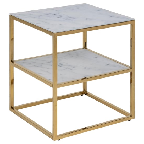 Product photograph of Arcata White Marble Glass Shelves Bedside Table With Gold Frame from Furniture in Fashion