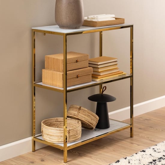 Arcata White Marble Glass Shelves Bookcase With Gold Frame Furniture