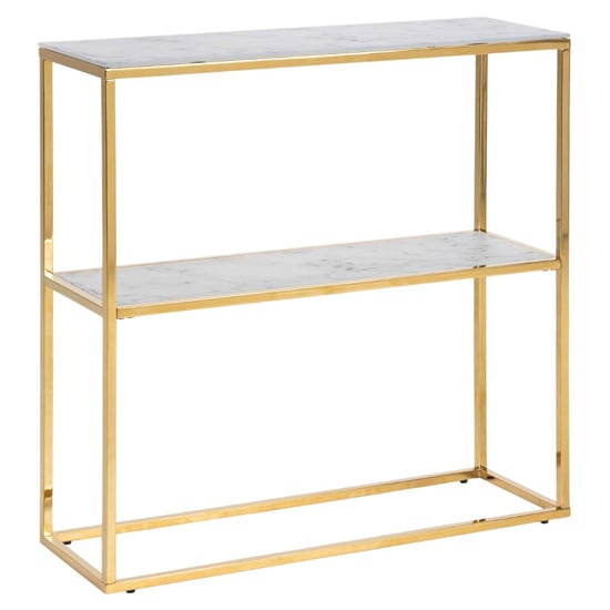 Photo of Arcata white marble glass shelves console table with gold frame