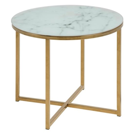 Arcata White Marble Glass Side Table Round With Gold Frame