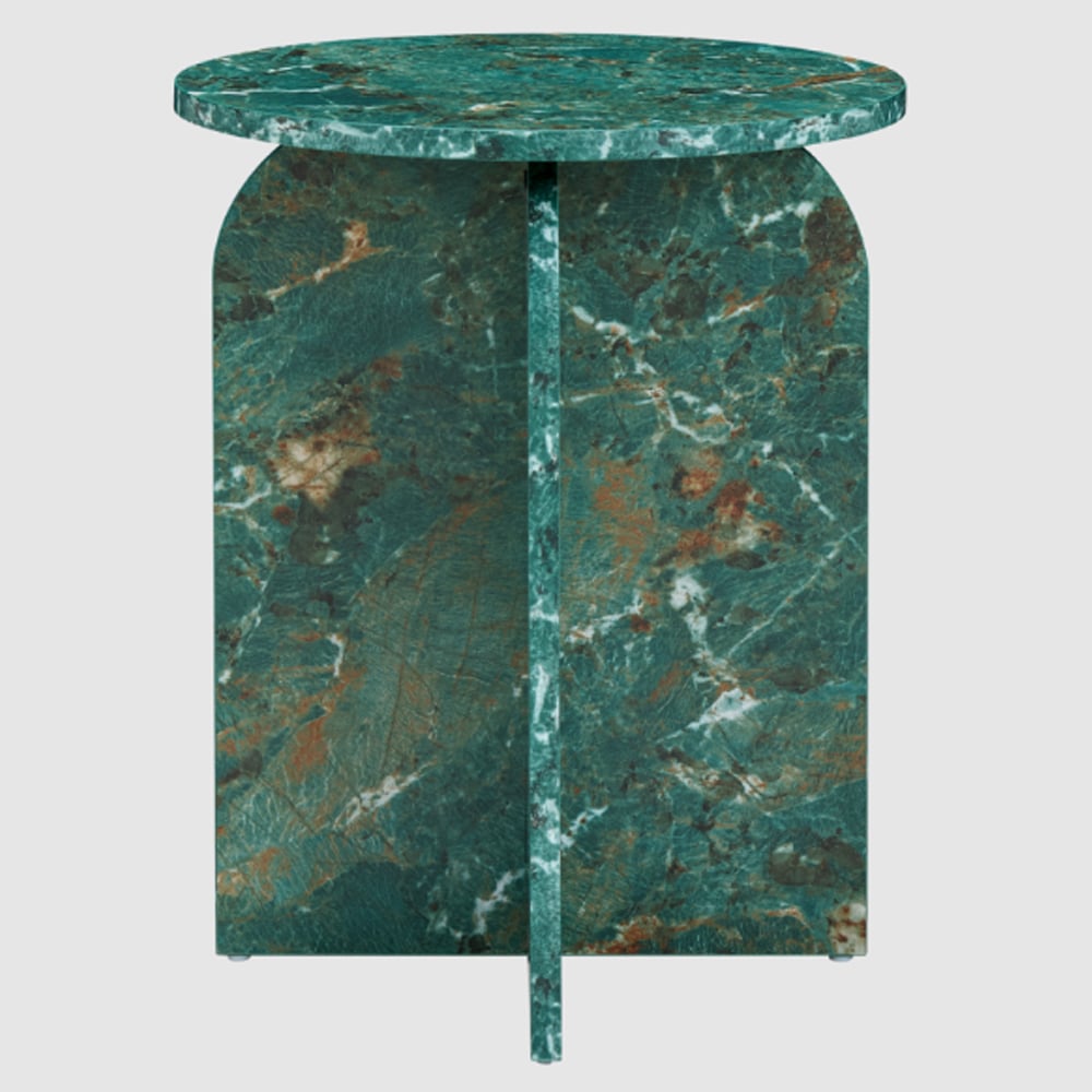 Arcata Wooden Round Side Table In Amazon Green Marble Effect