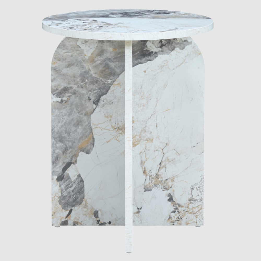 Arcata Wooden Round Side Table In Pandora Marble Effect