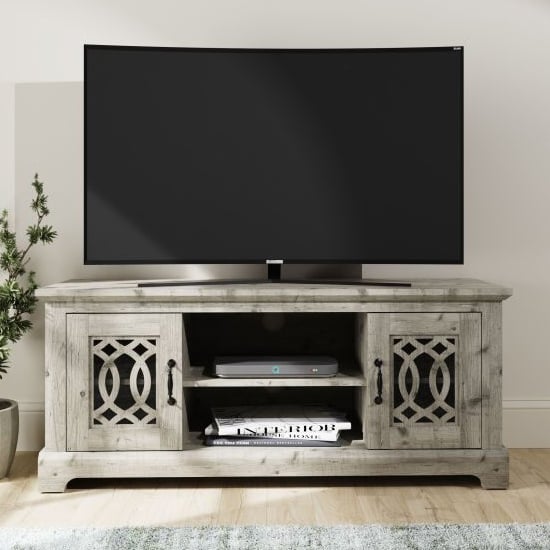 Arcata Wooden TV Stand With 2 Mirroed Doors In Mexican Grey