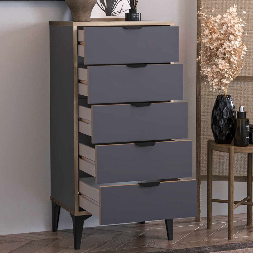 Arden Wooden Chest Of 5 Drawers in Anthracite
