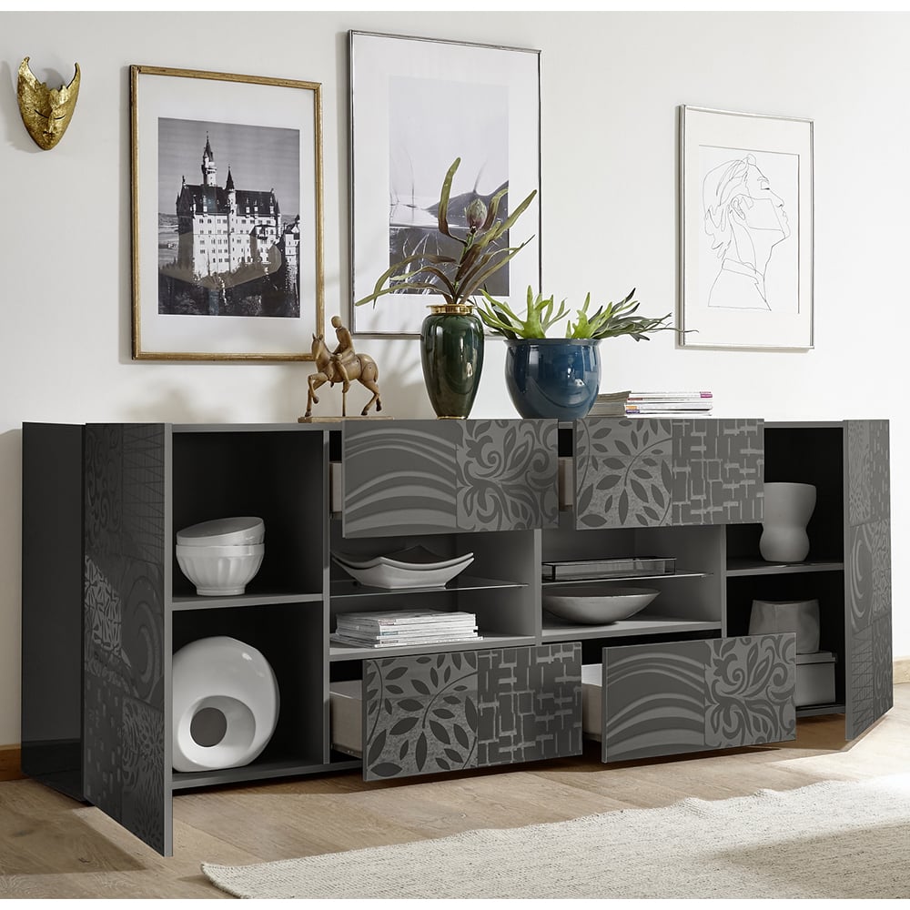 Ardent High Gloss Sideboard With 2 Doors 4 Drawers In Grey