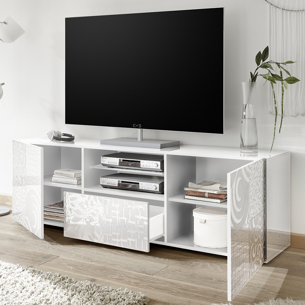 Ardent High Gloss TV Stand With 2 Doors 1 Drawer In White