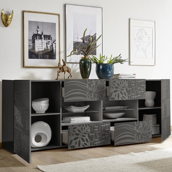 Ardent Large Sideboard In Grey High Gloss With 2 Doors And LED_2