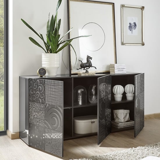 Ardent Modern Sideboard In Grey High Gloss With 3 Doors_2