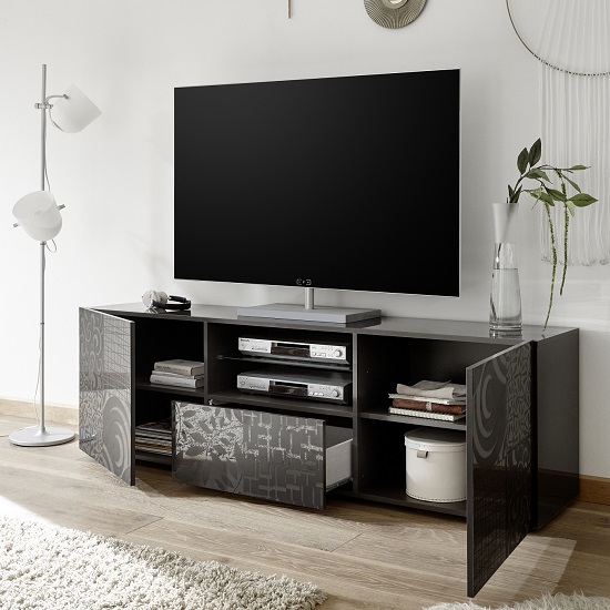 Ardent TV Stand Wide In Grey High Gloss With 2 Doors And LED