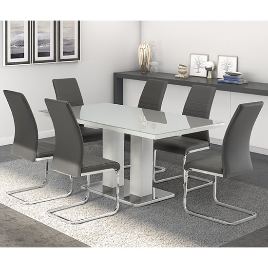 Aarina Grey Gloss Dining Table With 6 Sako Grey Chairs