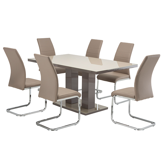Aarina Latte Gloss Dining Table With 6 Sako Cappuccino Chairs_2