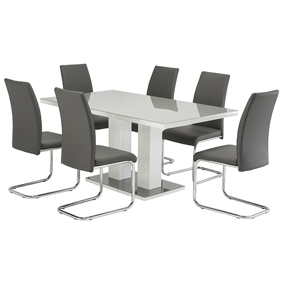 Aarina Grey Gloss Dining Table With 6 Montila Grey Chairs